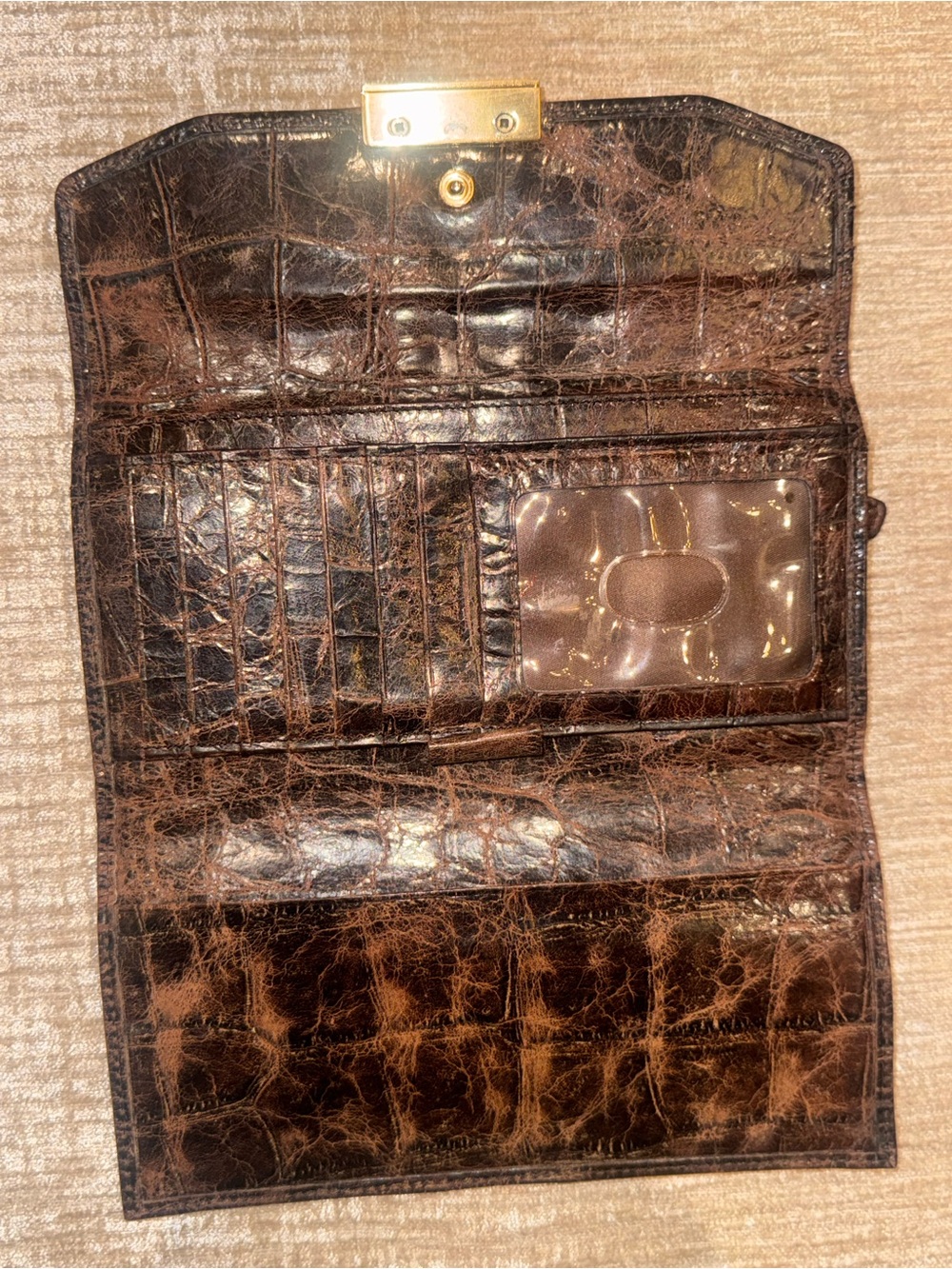 Brahmin Dark Brown Croc-Embossed Leather Flap Wallet with Gold Plaque - Picture 4 of 6